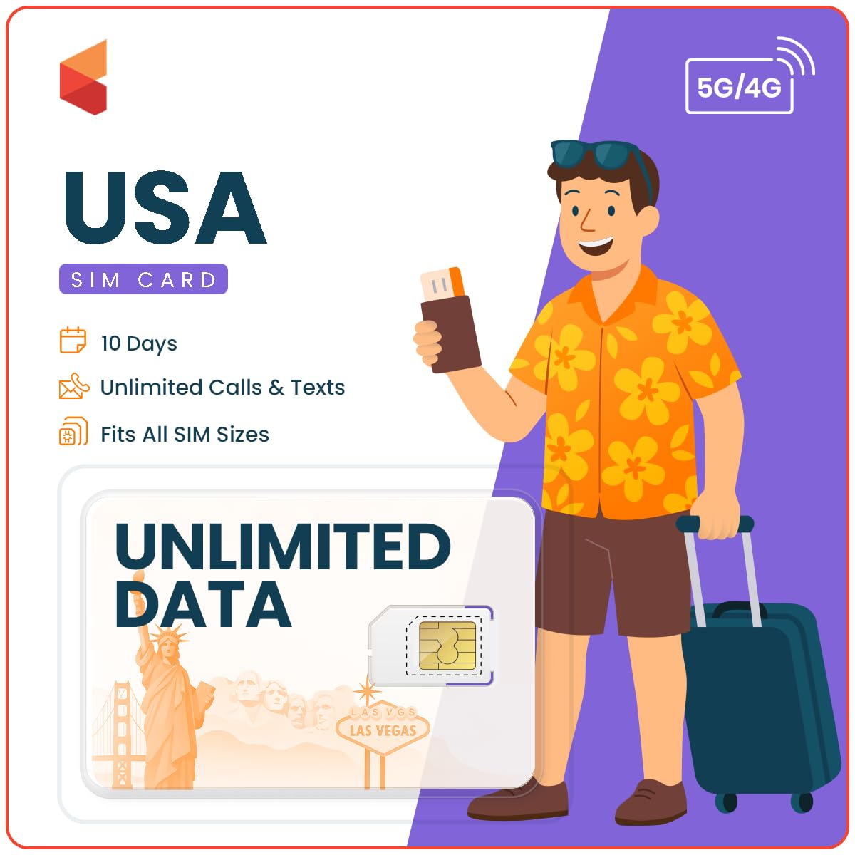 SimCorner USA Travel SIM Card (5G/4G Data, 10 Days) - 3-in-1 SIM: Standard, Micro, Nano - Unlimited Calls & SMS to US, Hawaii Mobiles & Landlines - Prepaid Data SIM for Unlocked Phones