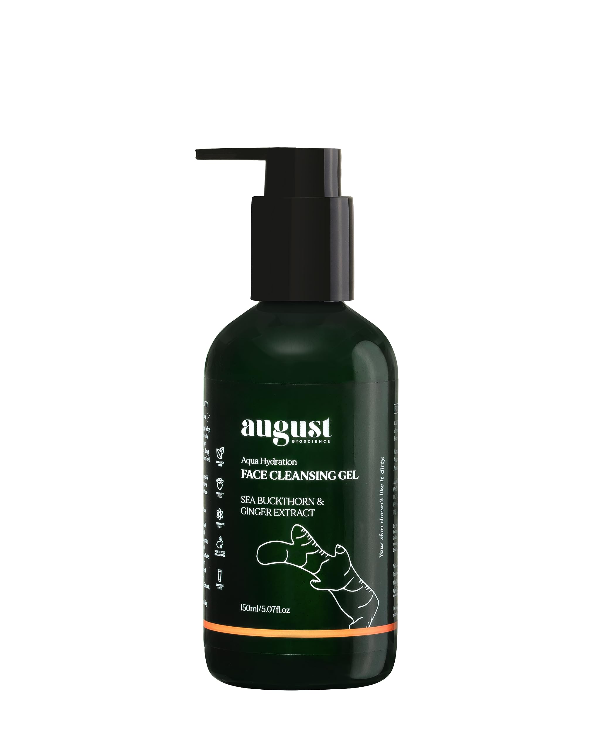 August BioscienceFace Cleansing Gel Aqua Hydration With Sea Buckthorn & Ginger Extract | Gel based | Face Cleansing Gel for Women and Men | No Parabens, No Silicones,150 ml