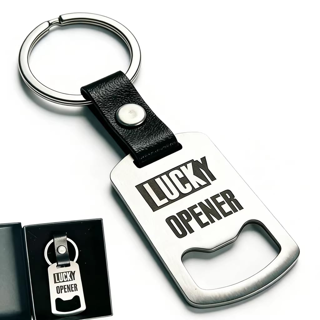 Lucky Opener Bieröffner aus Edelstahl – Robustes Flaschenöffner mit Gravur „Lucky Opener“ & Schwarz Geschenkbox Lustige Geschenke für Männer, Gartenparty, Grillabend, Bierliebhaber