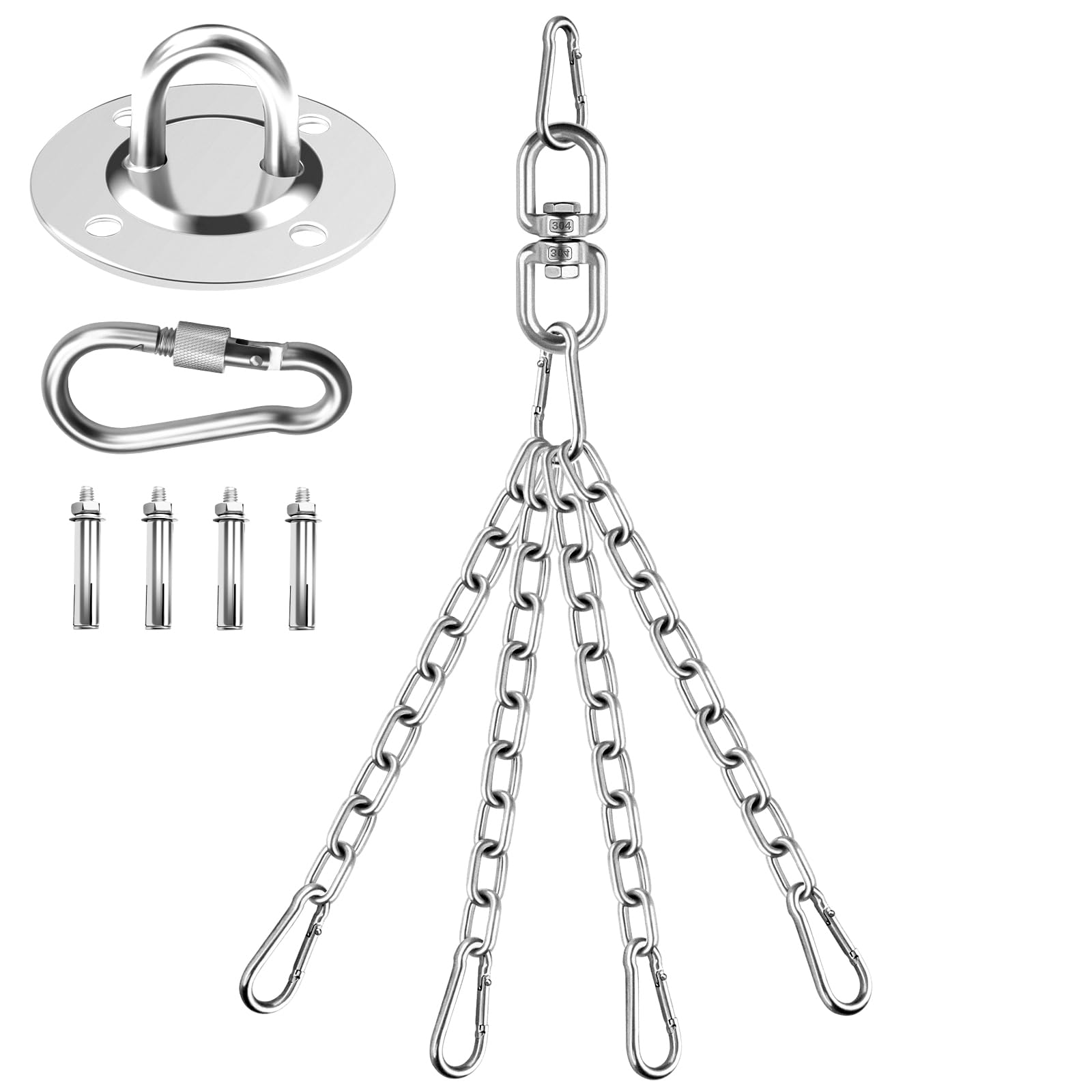 Punching Bag Hanger With 360 Rotation Chain, Stainless Steel Swivel With 4 Snap Hooks, Mount for Heavy Bag, Hammock, Gym Swing, Yoga Swing, Trapeze