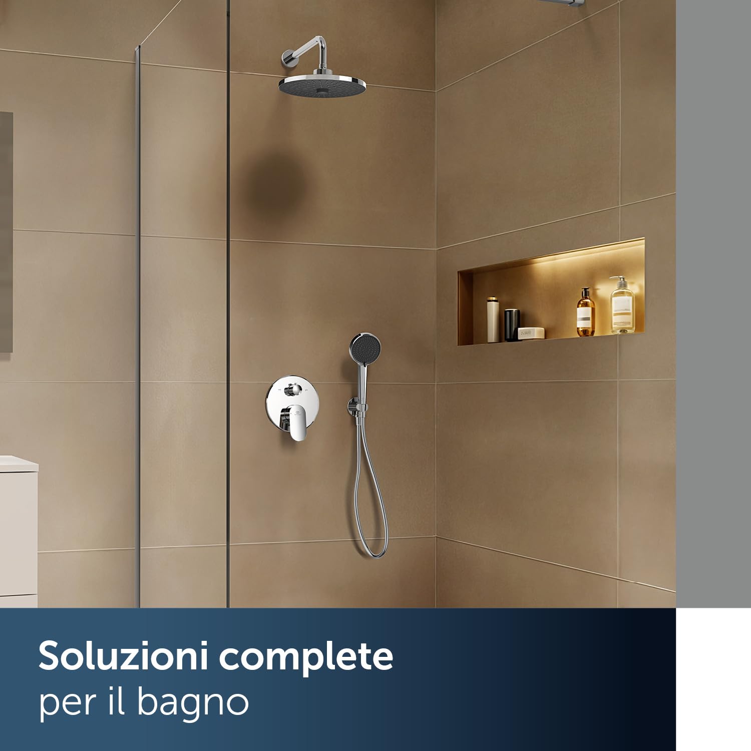 Ideal Standard Idealrain Alu+ Kit doccia, con due tipi di getto selezionabili tramite commutatore rotante, doccia a pioggia a risparmio idrico con ugelli EasyClean – Cromo (260x91x260 mm)