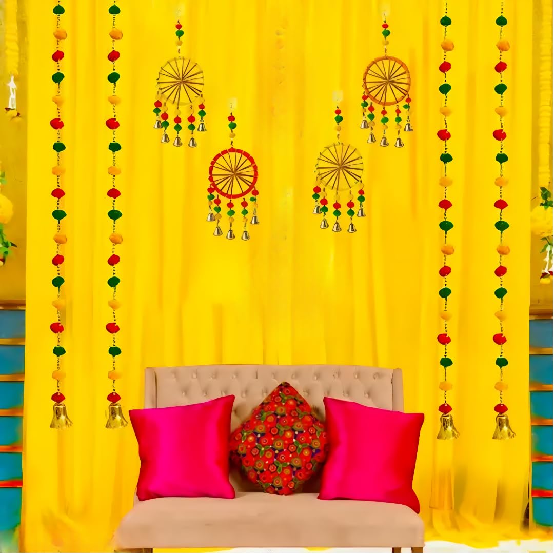 Floroom Yellow Net for Decoration with Chakra Hangings - Haldi Decor Items for Home, Pooja Decoration, Haldi Decoration Set, Wedding, Festive Decor (Haldi_18)