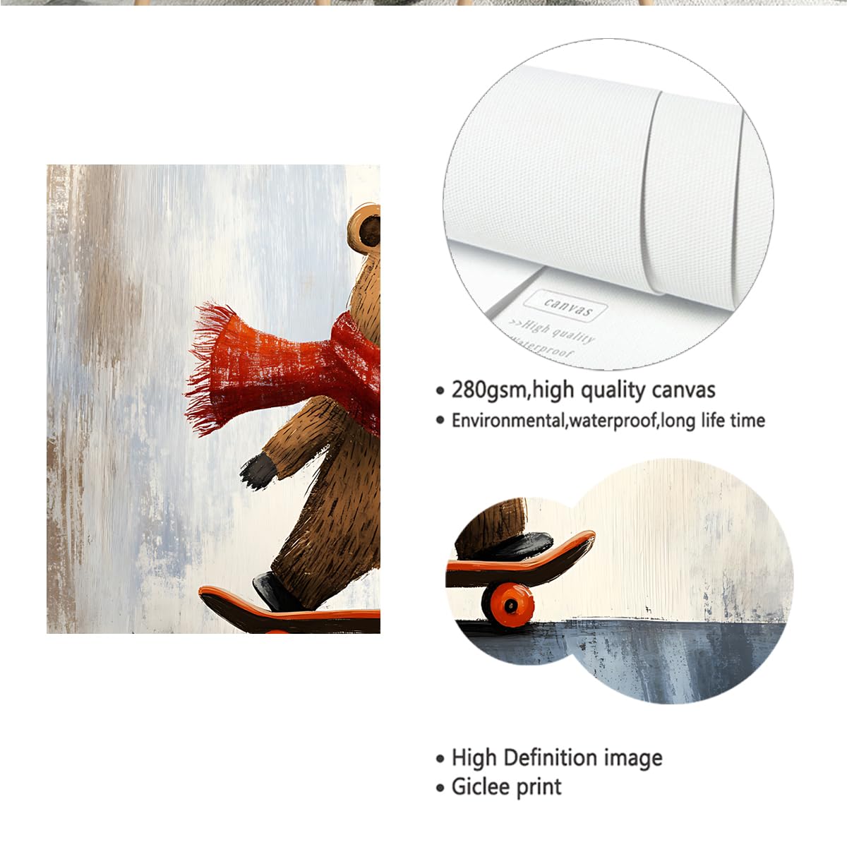 Via Vela Sculptures murales en toile d’ours en skateboard illustrations ludiques d’animaux de nursery affiches modernes pour chambre salon décoration intérieure 50x60cm