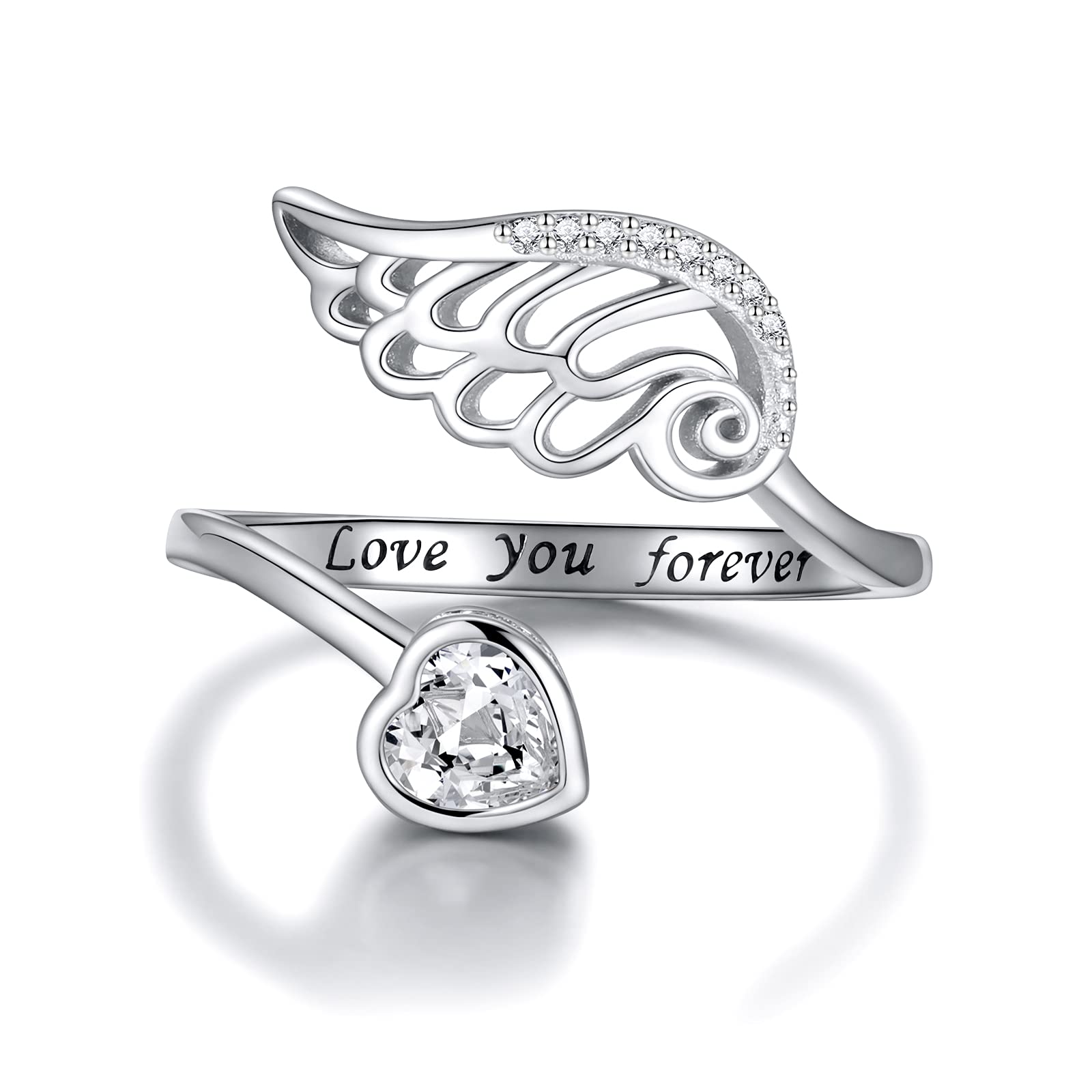 HongZhuan Jewelry Birthstone Wing Rings Sterling Silver Adjustable Feather Heart Month Stone Wrap Ring Jewelry Gift for Women Engrave Love you forever