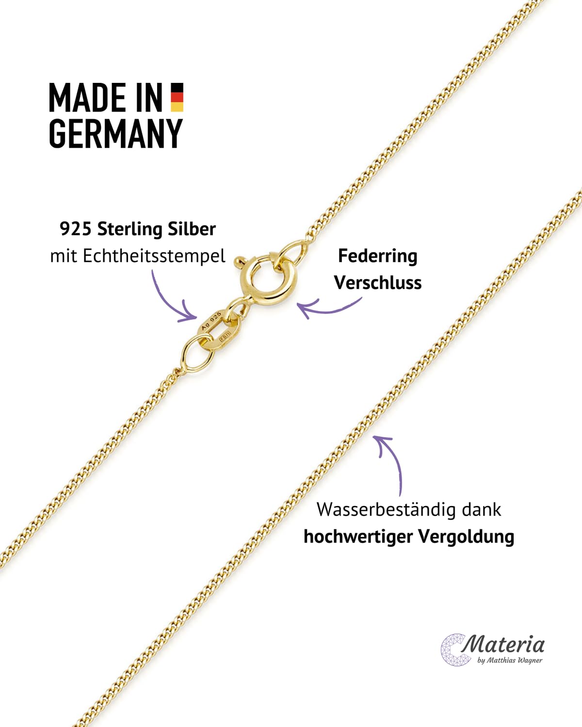 925 Silber Panzerkette vergoldet - Damen Halskette gold für Anhänger K69 | Feine Kette aus hautfreundlichem 925 Sterling Silber mit wasserfester Vergoldung in 40-80cm von MATERIA by Matthias Wagner