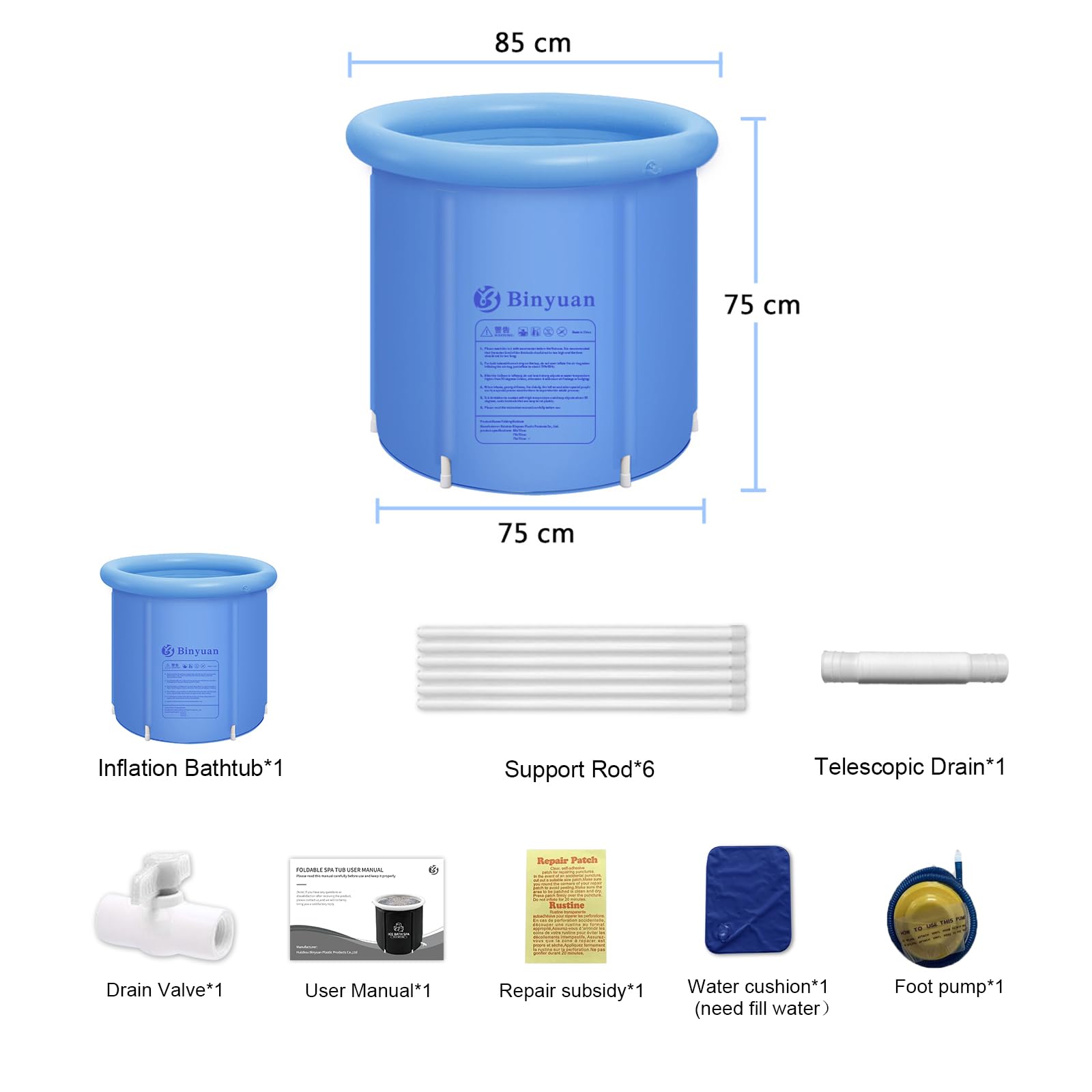 Vasca Gonfiabile Pieghevole Portatile 75x75cm Plastica Immergere Piccolo Spazio Di idroterapia Per Adulti (Azzurro)