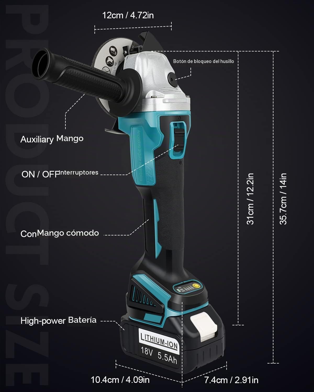 LabTEC Amoladora Angular, 800W, Amoladora Angular con Cable y Cuchillas con 2 Packs 18V 5500mAh Batería y Cargador para Cortar, Esmerilar, Pulir y Afilar