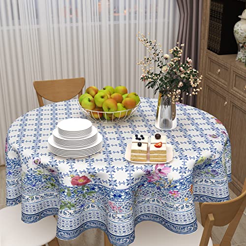 Vintage Blue White Floral Round Tablecloth 60 Inch Chinoiserie Wildflower Table Cloth Elegant Rustic Ethnic Boho Farmhouse Polyester Tablecloths Decorative For Indoor Outdoor Kitchen Dining Party #TOP4