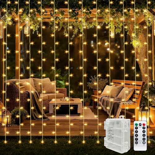 YIFMOO 3x3M 300LED Lichtervorhang Batterie 8 Modi Lichterketten Vorhang mit Timer und Fernbedienung Wasserdicht Hängend Vorhang Lichter Weihnachten Lichterkette für Fenster Innen Außen Warmweiß