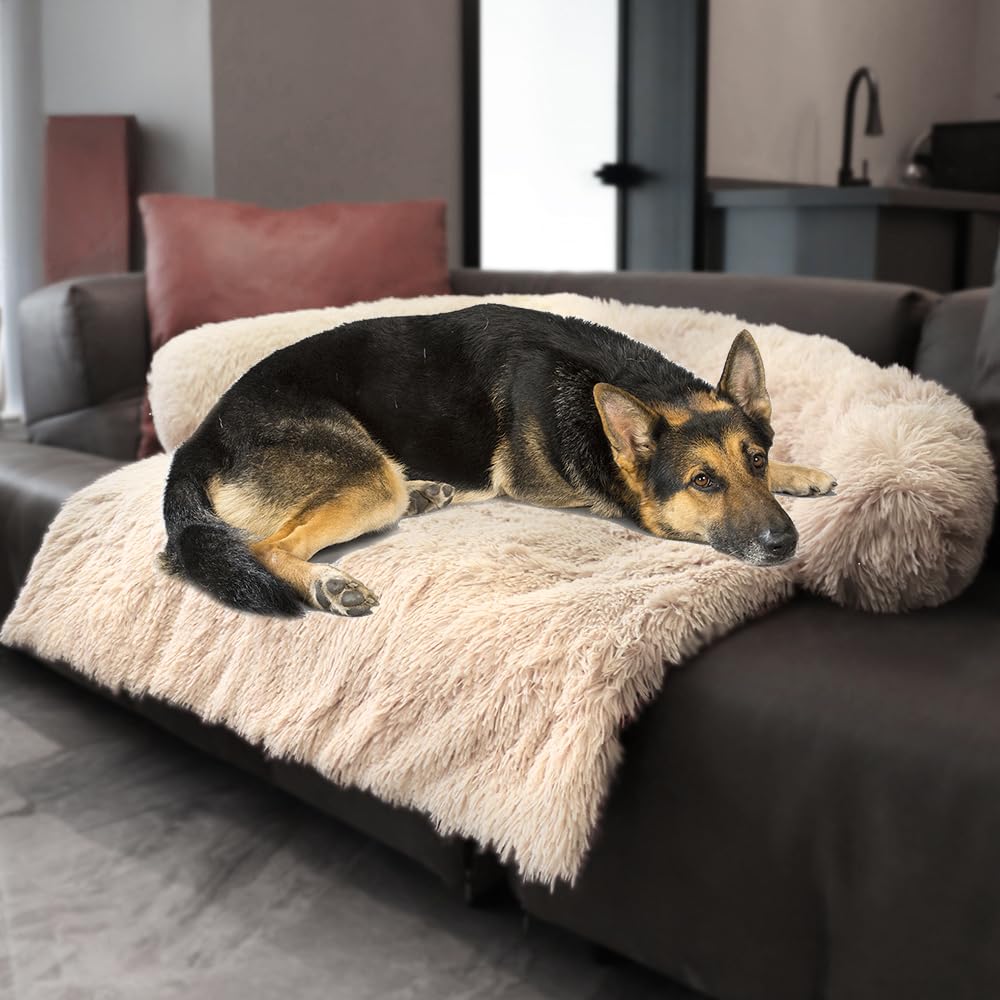 Calming Dogs/Cats Bed Mats, Dog Pad Washable Removable Couch Cover, Plush Long Fur Mat for Pets, Waterproof, Perfect for Small, Medium and Large Dogs and Cats (Beige, 45"x37"x 6.0")