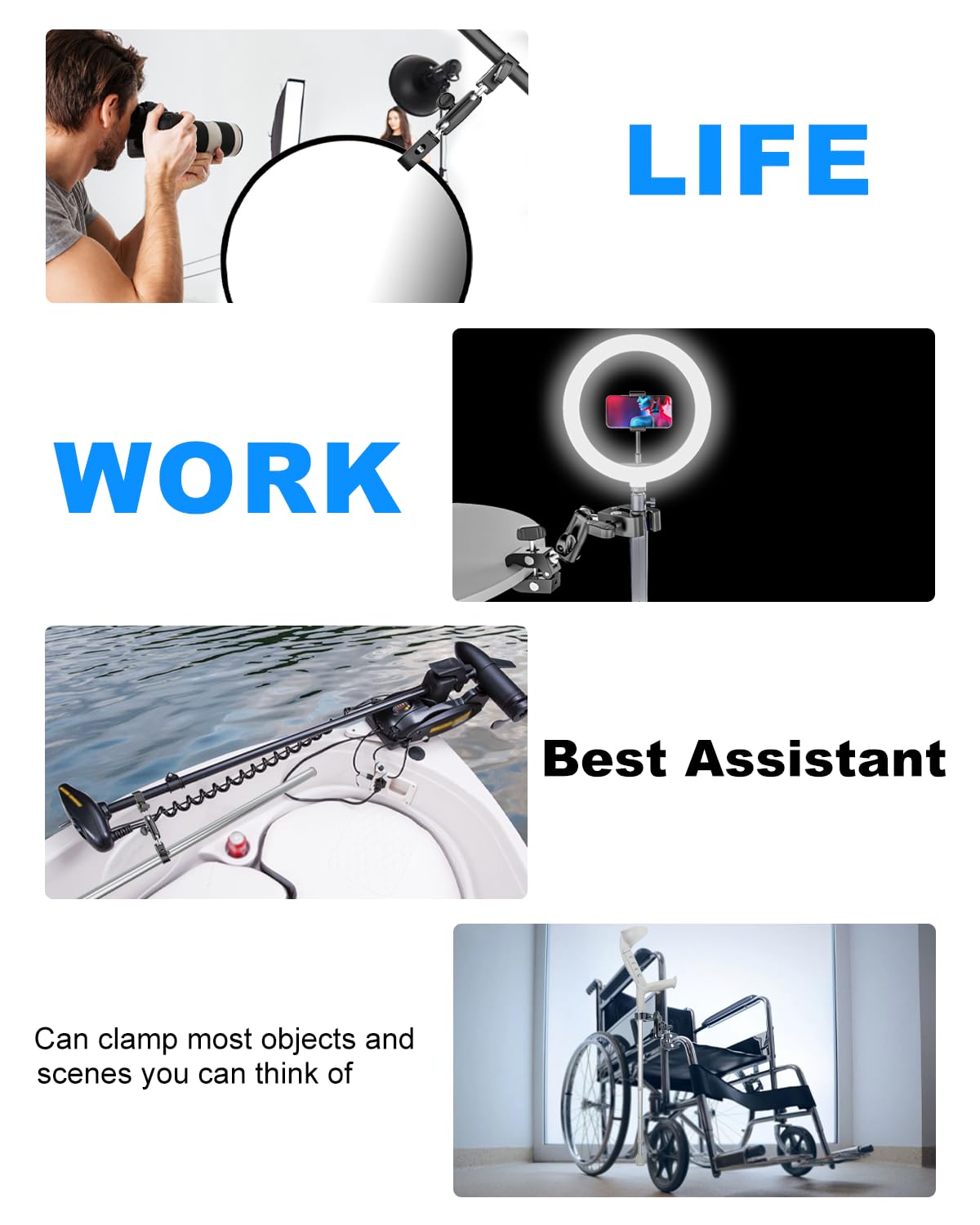 Supporto a doppio morsetto con interfaccia a vite da 1/4" [completamente in metallo] morsetto per ombrello regolabile a 360° per supporto luce studio fotografico, asta, barre trasversali