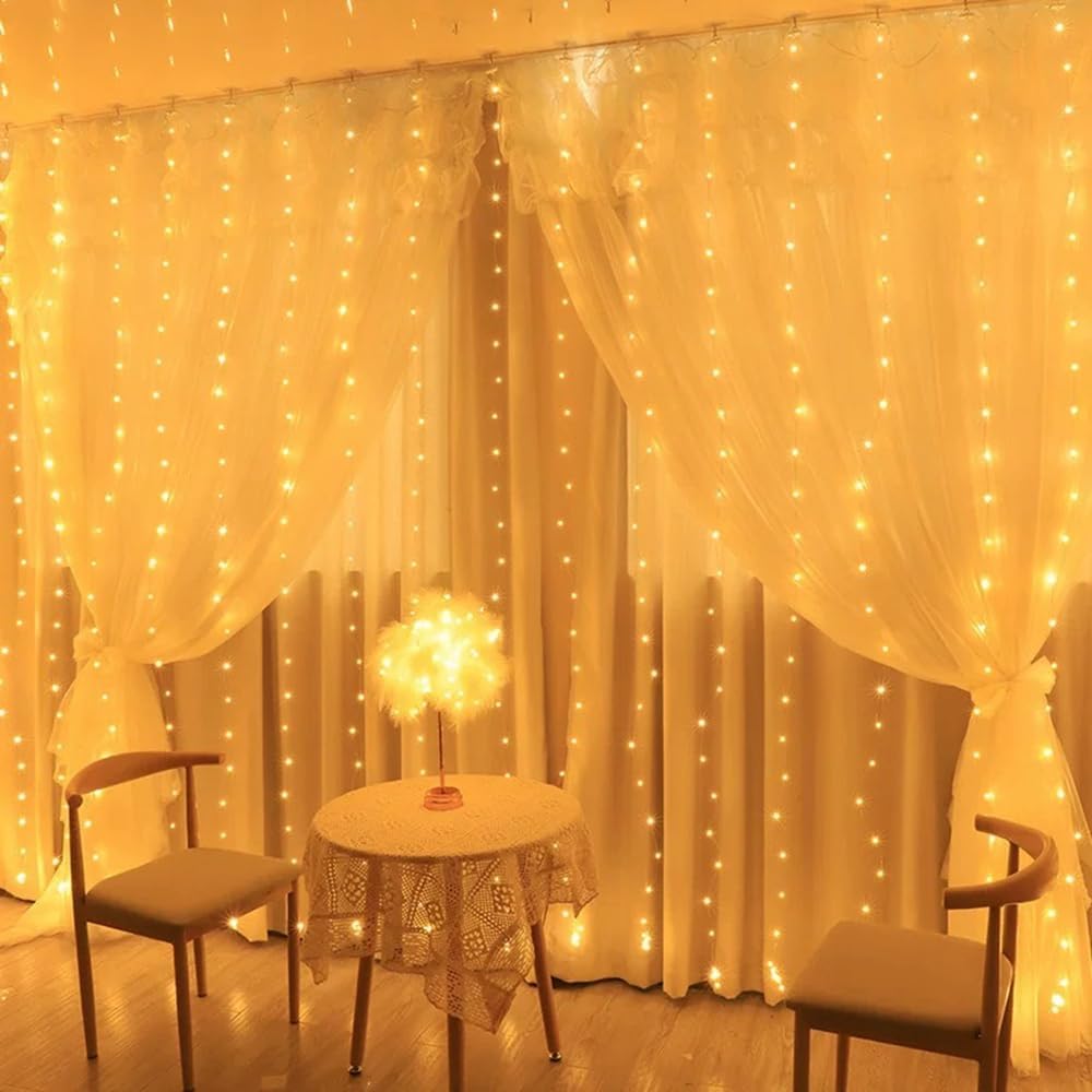 Cortina de Luz Pisca Pisca LED 3x3m 300 Leds com Controle Remoto USB – 8 Modos de Iluminação – Decoração Natal, Casamento, Festas e Quarto (Amarela)