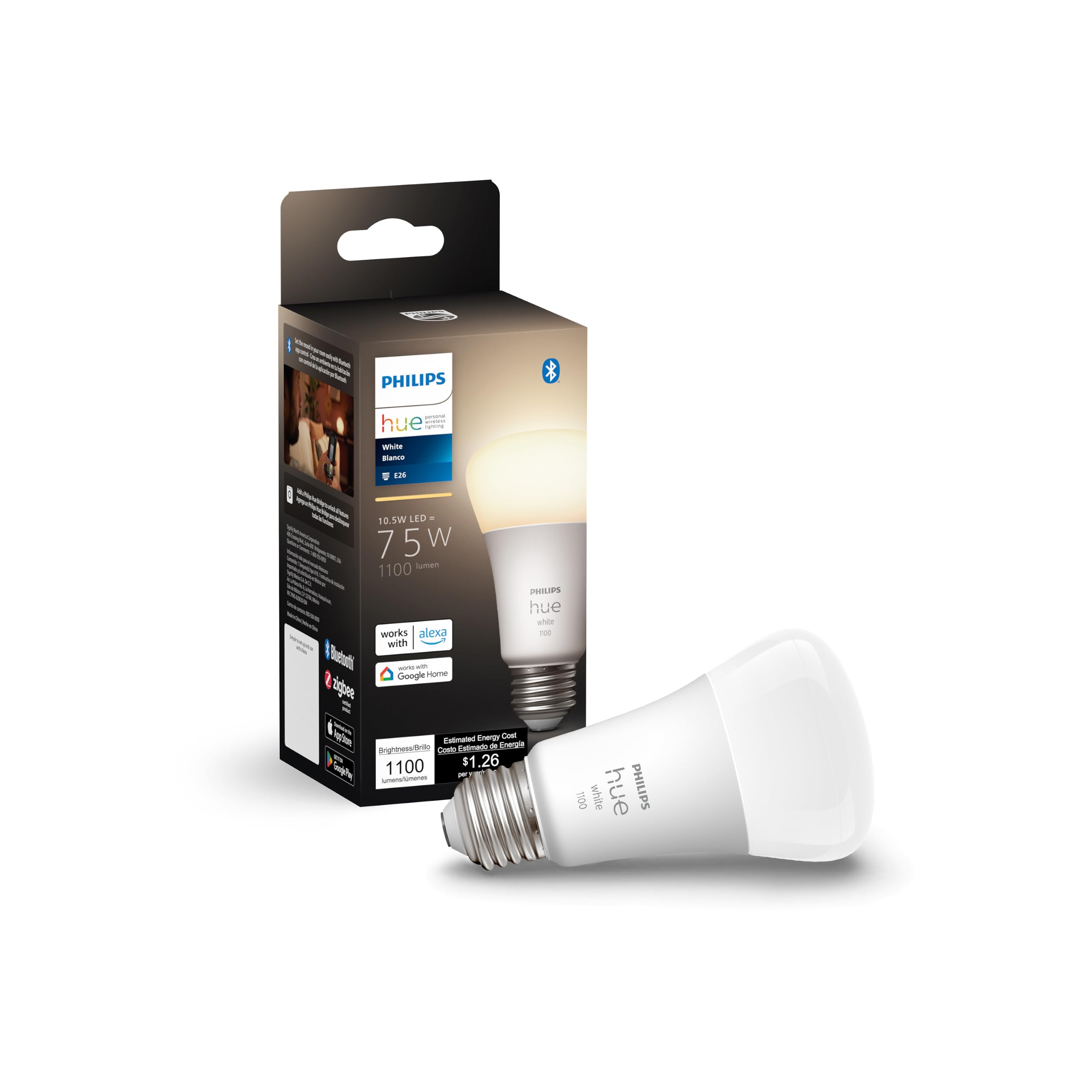 Philips Hue Smart 75W A19 LED Bulb - Soft Warm White Light - 1 Pack - 1100LM - E26 - Indoor - Control with Hue App - Works with Alexa, Google Assistant and Apple Homekit Original 1 Pack