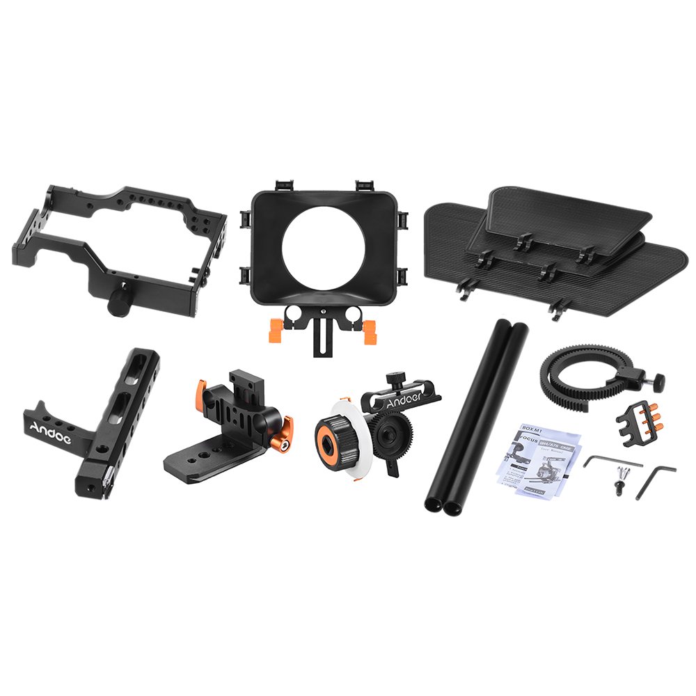 Andoer C500 Camera Rig Aluminiumlegierung Kit mit Kamera Cage, Matte Box+ folgt, Follow Focus+ Handgriff + 15mm Rod, Kamerarecorder Videokäfig Rig Installationssatz Film für Panasonic GH4