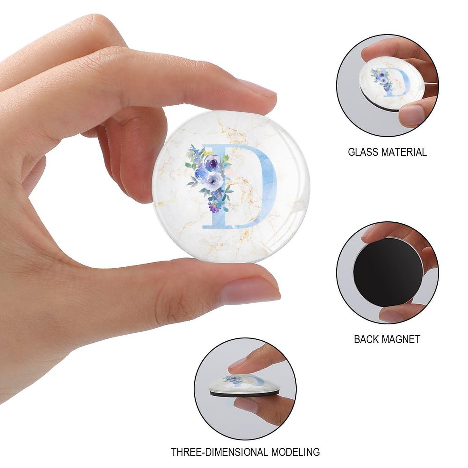 Lot de 4 aimants de réfrigérateur en verre avec monogramme initiale D - Petits aimants pour tableau blanc - Aimants pour tableau blanc - Aimants pour l'école, la maison, la cuisine, le