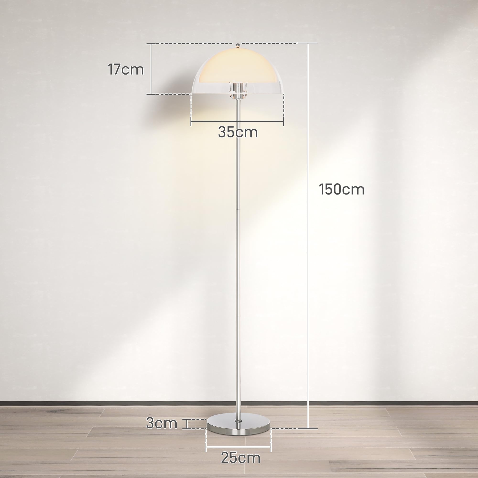 HOMCOM Lampada da Terra Moderna con Paralume a Doppio Strato, Piantana Lampada da Terra per Salotto, Camera da Letto, Soggiorno, in Metallo e Acrilico, 150cm, Bianco