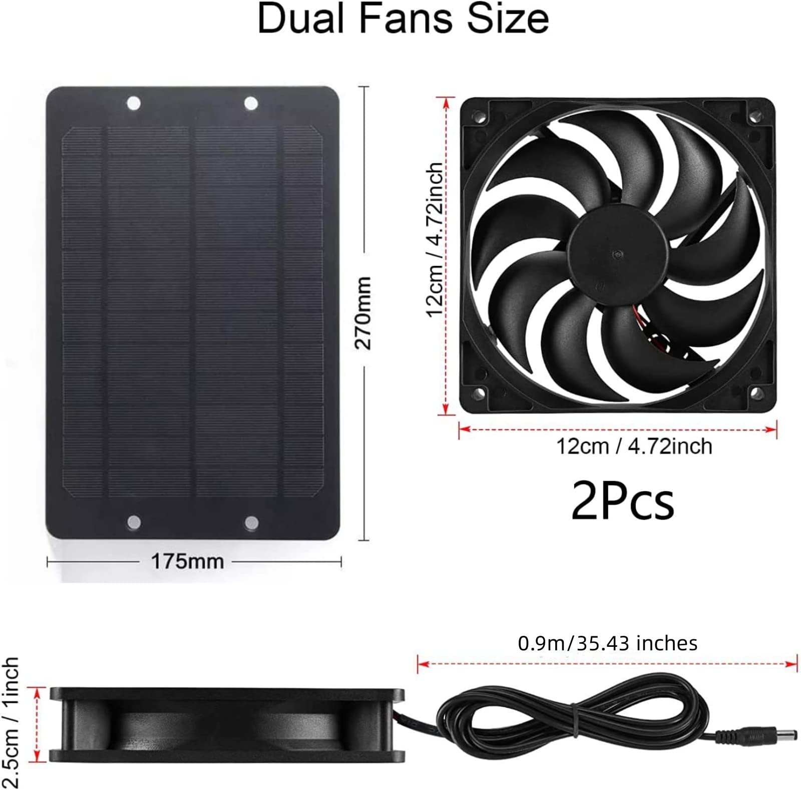 Kit de ventilador de panel solar, 10 W 12 V alimentado por energía solar doble ventiladores para exteriores, ventilador portátil con 2 piezas de cable de 3.0 ft de largo para invernadero, casas de mascotas, cobertizo, casa de pollo (2 ventiladores) 2