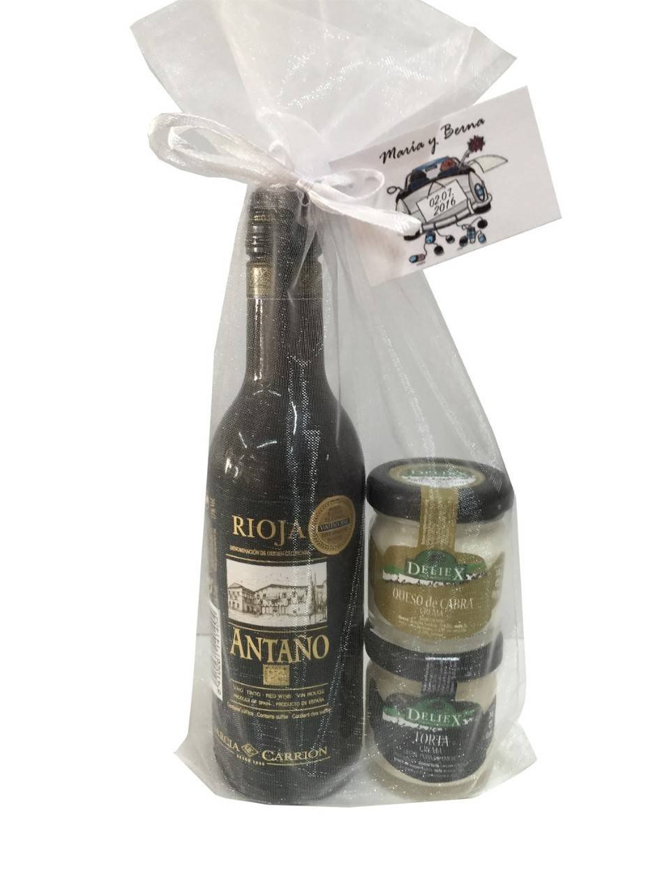 Regalo con vino tinto Rioja Antaño y dos tarros miniaturas de queso (cabra y torta) para celebraciones (Pack 24 ud)