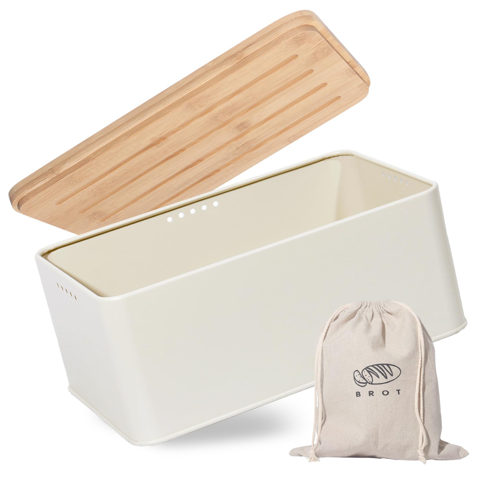 Theo&Cleo Broodtrommel met snijplank, 33 x 21 x 15 cm, matte broodtrommel met houten deksel en linnen broodzak, rondom ventilatie, broodmand voor langdurige frisheid, zwart