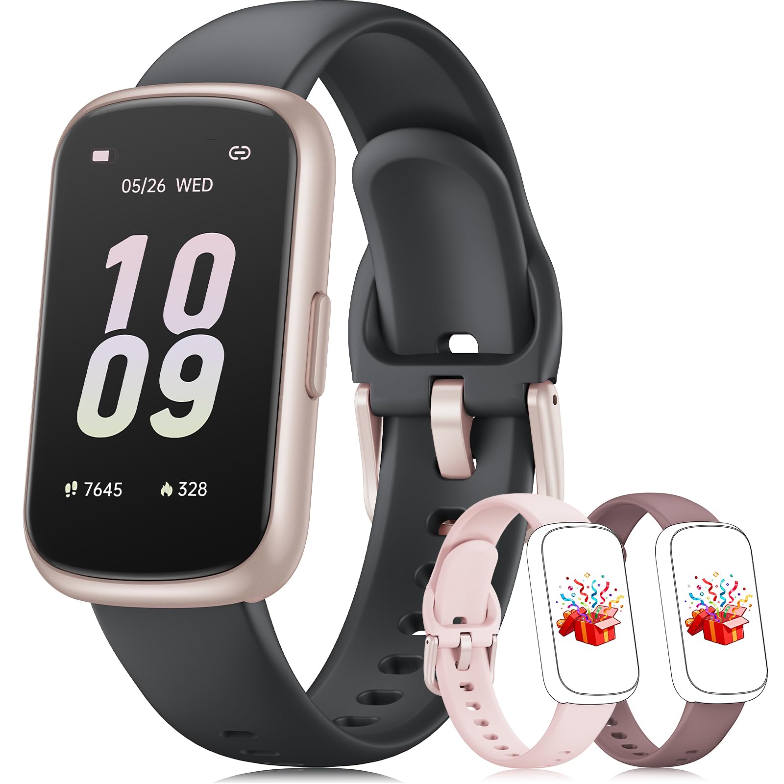 Reloj Inteligente Mujer Hombre - 3 Correas, 1,47'' Smartwatch Pequeño con 24/7 Pulsómetro, SpO2, Sueño, Modo Deportivo, Podómetro, Impermeable 3ATM Pulsera Inteligente para Android iOS, Rosa/Negro