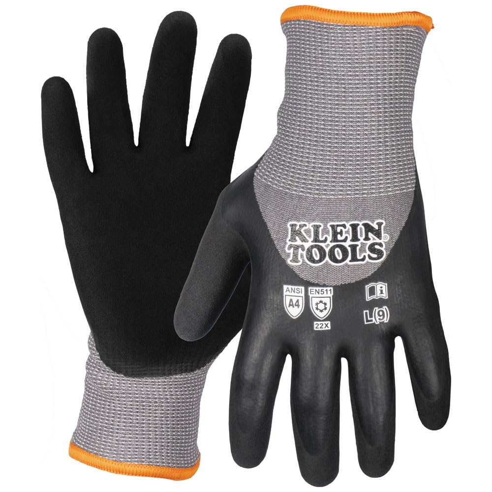 Klein Tools Winter Work Gloves, Knit Dipped ANSI A4 Cut-Resistant, Sandy Latex Coated, Fleece-Lined, Touchscreen Capable Large