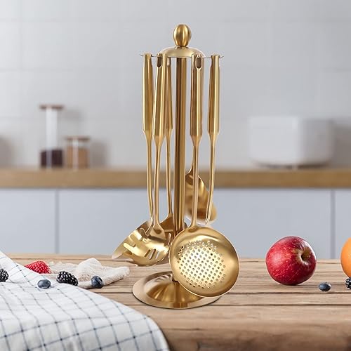 Miniatura 6 de Juego de utensilios de cocina dorados, juego de utensilios de cocina de 7 piezas, acero inoxidable, resistente al calor, antiadherente, herramientas