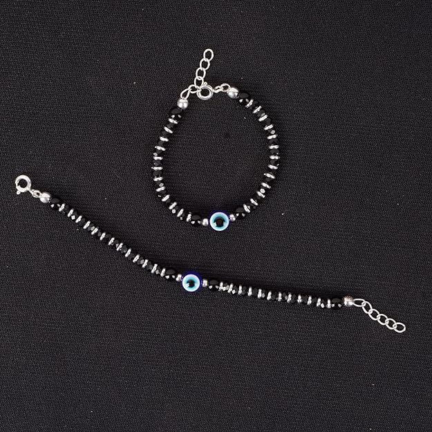 Exclusive 925 Pure Silver Evil Eye Baby Nazariya Bracelets with Black Crystal & Silver Beads for New Born Baby Boys and Girls (4 inch + 1 inch Adjustable)