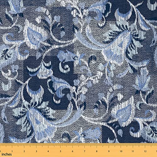 Bohemian Flower Fabric by The Yard Retro Exotic Flower Patchwork Pattern DIY Sewing Craft Hobby Fabric by The Yard Blue Geometric Grid Decorative Fabric for Upholstery and Home Accents,1 Yard