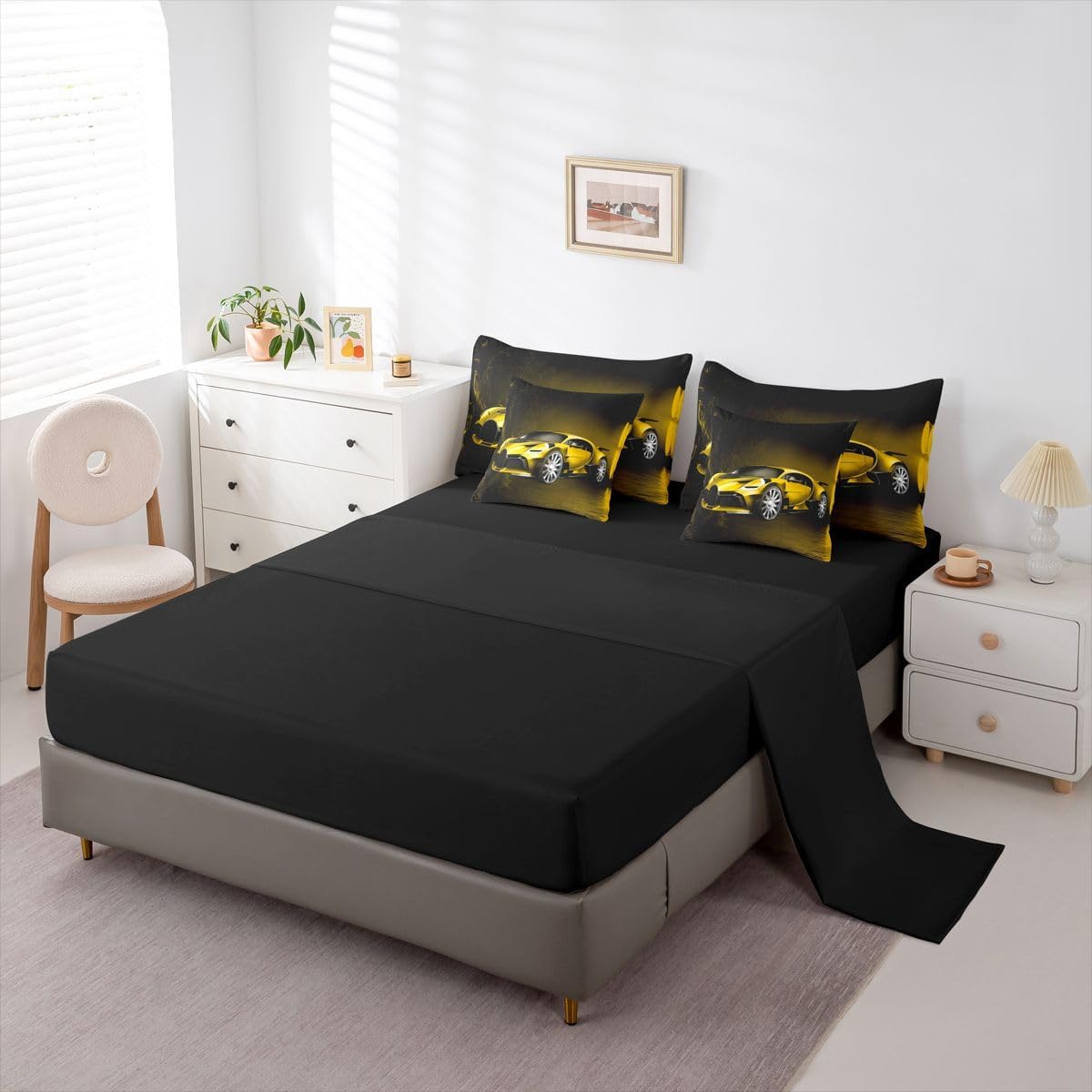 Feelyou Sports Car 7 Piece Bedding Set Yellow Race Car Comforter Set with Sheets for Kids Boys Girls Extreme Sports Bed in a Bag Cool Speed Luxury Car Decor Quilt with 1 Pillowcase Twin