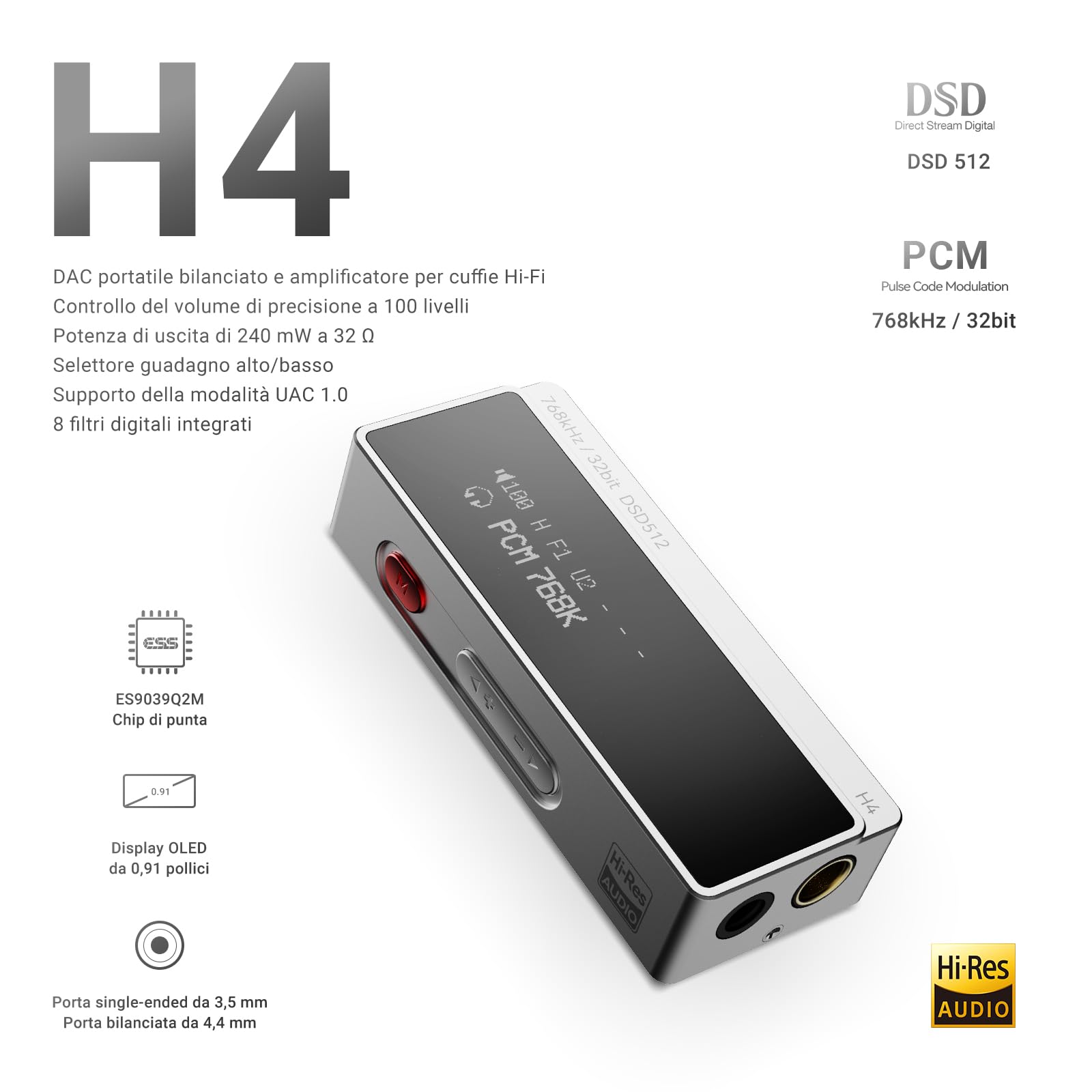 AIYIMA H4 amplificatore per cuffie DAC Hi-Fi portatile con USB-C, chip ES9039Q2M, doppia uscita cuffie (3,5 mm single-ended e 4,4 mm bilanciata), amplificatore DAC compatto con display per PS5/Switch