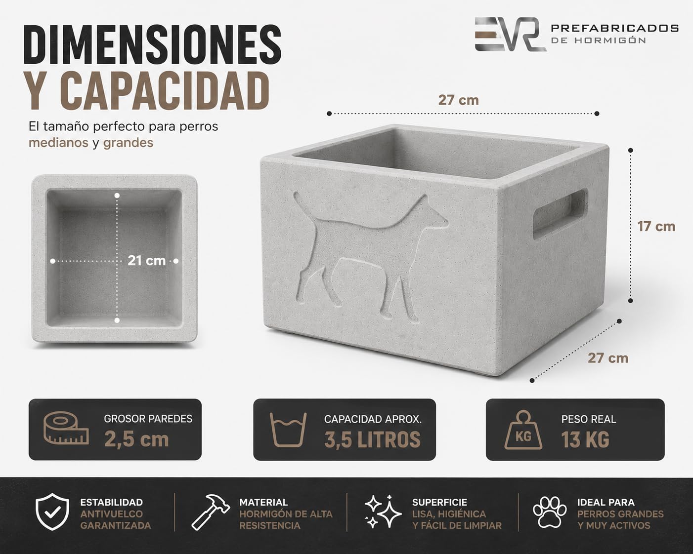 VR Prefabricados Comedero de Hormigón Antivuelco para Perros – 13 kg Peso Real – Antimordeduras y Ultra Resistente – Uso Exterior – Acabado Artesanal – Fabricado en España