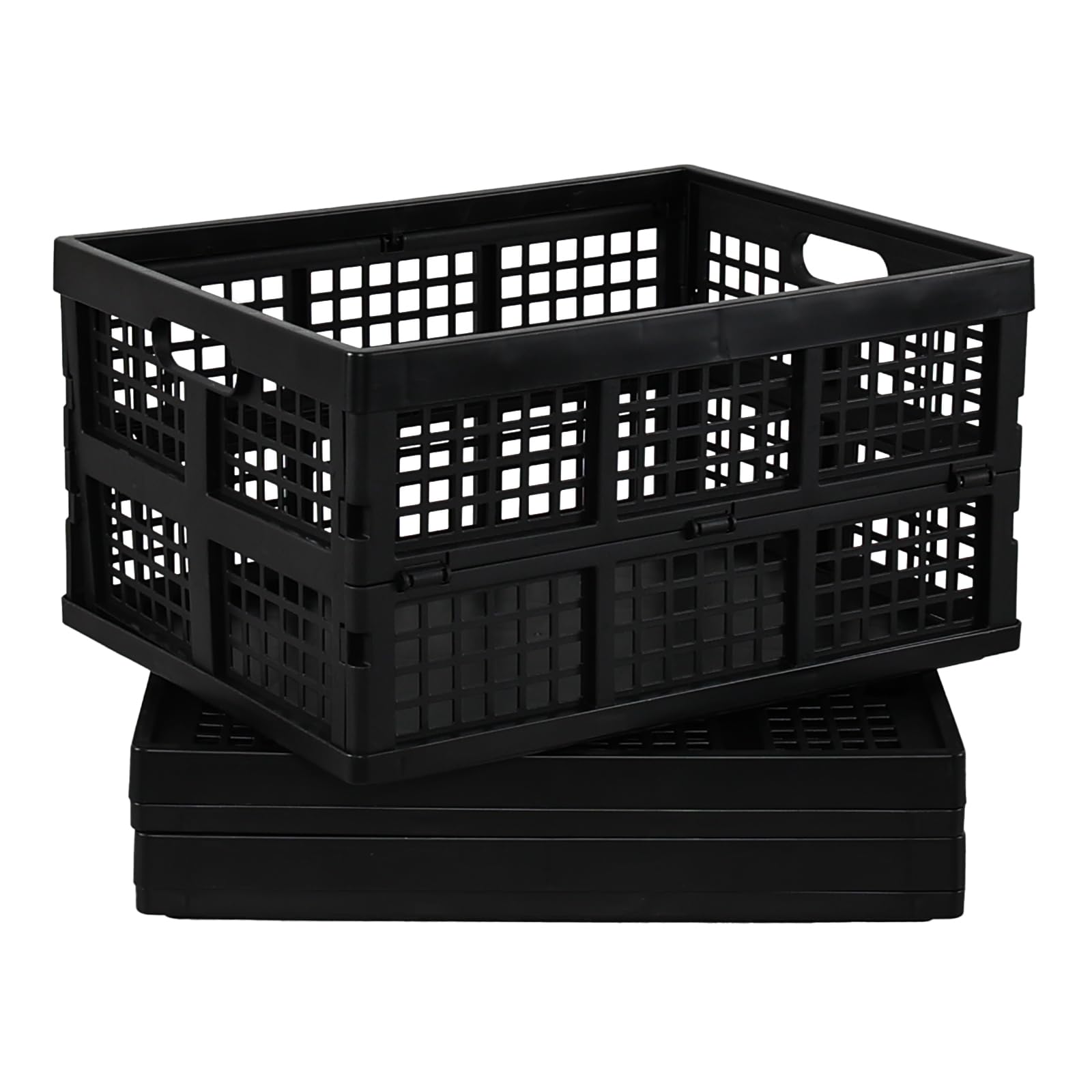Ewingger 34 L Collapsible Plastic Crate, Set of 3 Stackable Storage Crate Basket, Black