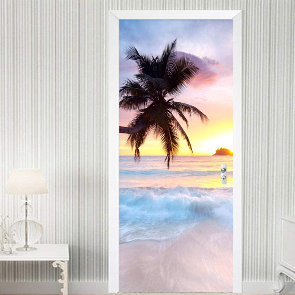 Modern 3D Seaside Landscape Coconut Tree Door Sticker PVC Self-Adhesive Waterproof Mural Wallpaper Bathroom Door Poster Stickers