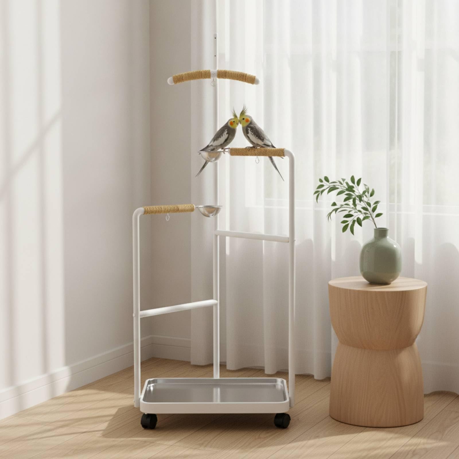 Fácil Limpiar Percha Portátil para Loros, Blanco, Modelo Mejorado con Bebedero
