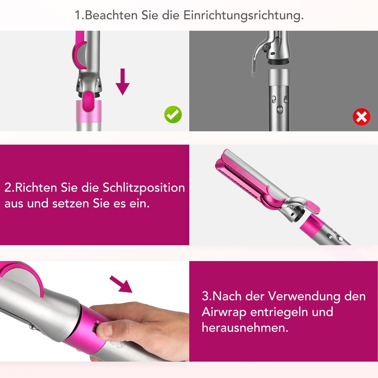Glätteraufsätze für Dyson Airwrap mit Airflow Technologie ohne heiße Platten für sanftes Haarstyling mit weniger Schäden, Kompatibel mit HS01/HS05/HS08, Fuchsia