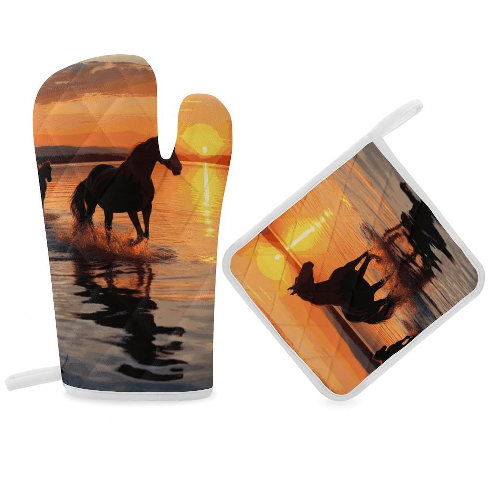 Sunsets Lake Horses Oven Mitt Thick Substantial Heat Insulation Gloves Soft Skin-Friendly Temperature Resistant Oven Mitts for Cooking Lover Cooks