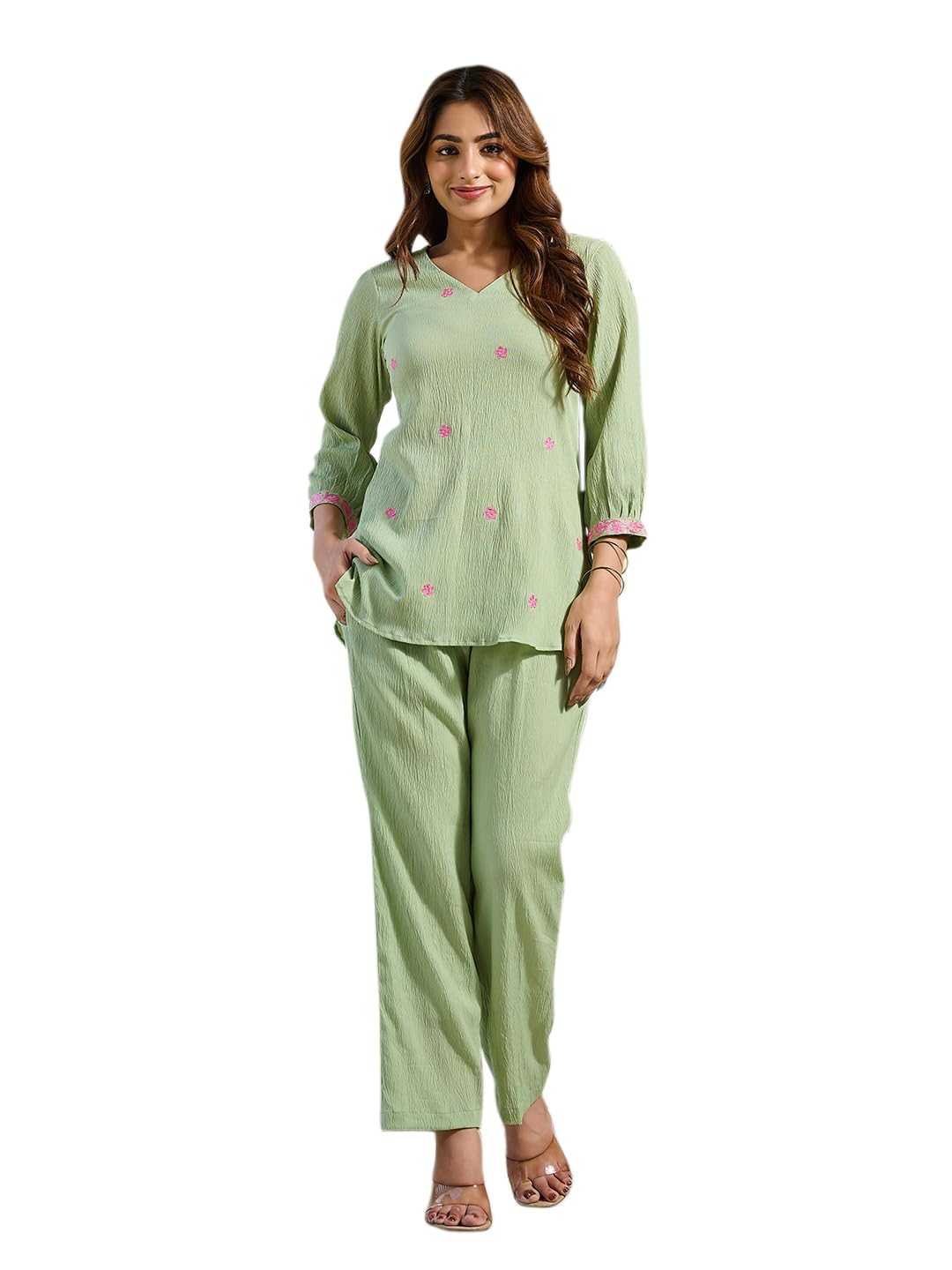 Women's Self Design Pure Silk Lime Green Top Trousers Co-Ords(VC_5088CO)-image-25