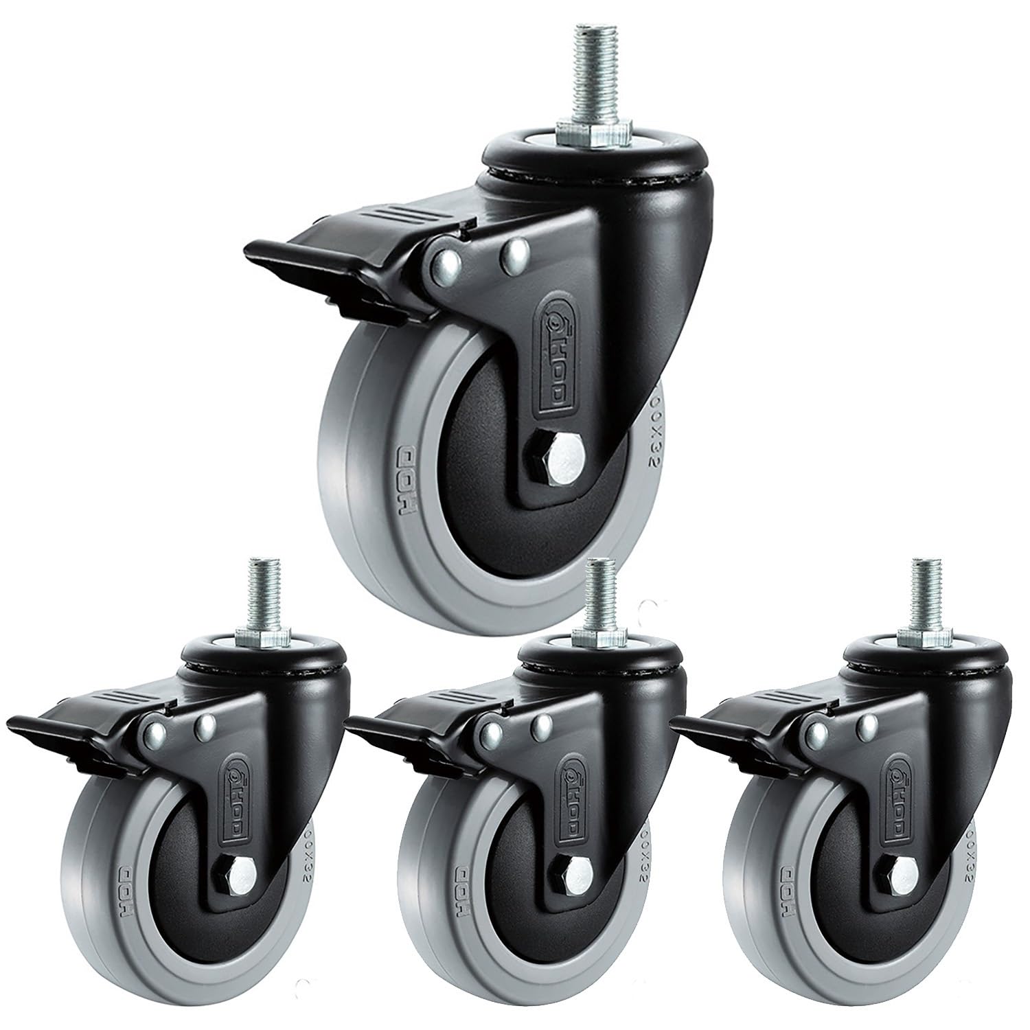 75mm roulettes Industrielles Pivotantes à Tige Filetée M12*20mm, roulettes en Caoutchouc for Meubles, Capacité de Charge 270kg, Lot de 4(with Brake,100mm)