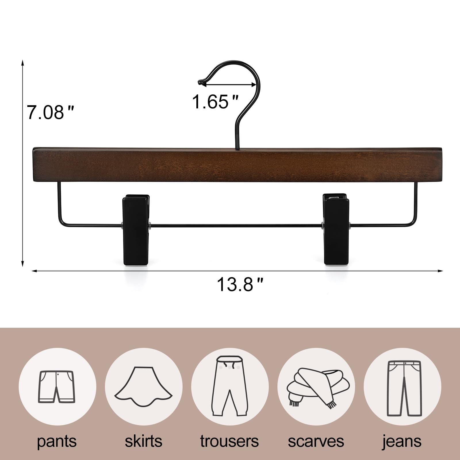 TOPIA HANGER Grucce in legno con clip in metallo regolabili (confezione da 10), ganci girevoli a 360°, finitura retrò di alta qualità, per vestiti, cappotti, jeans, camicette, CT28A