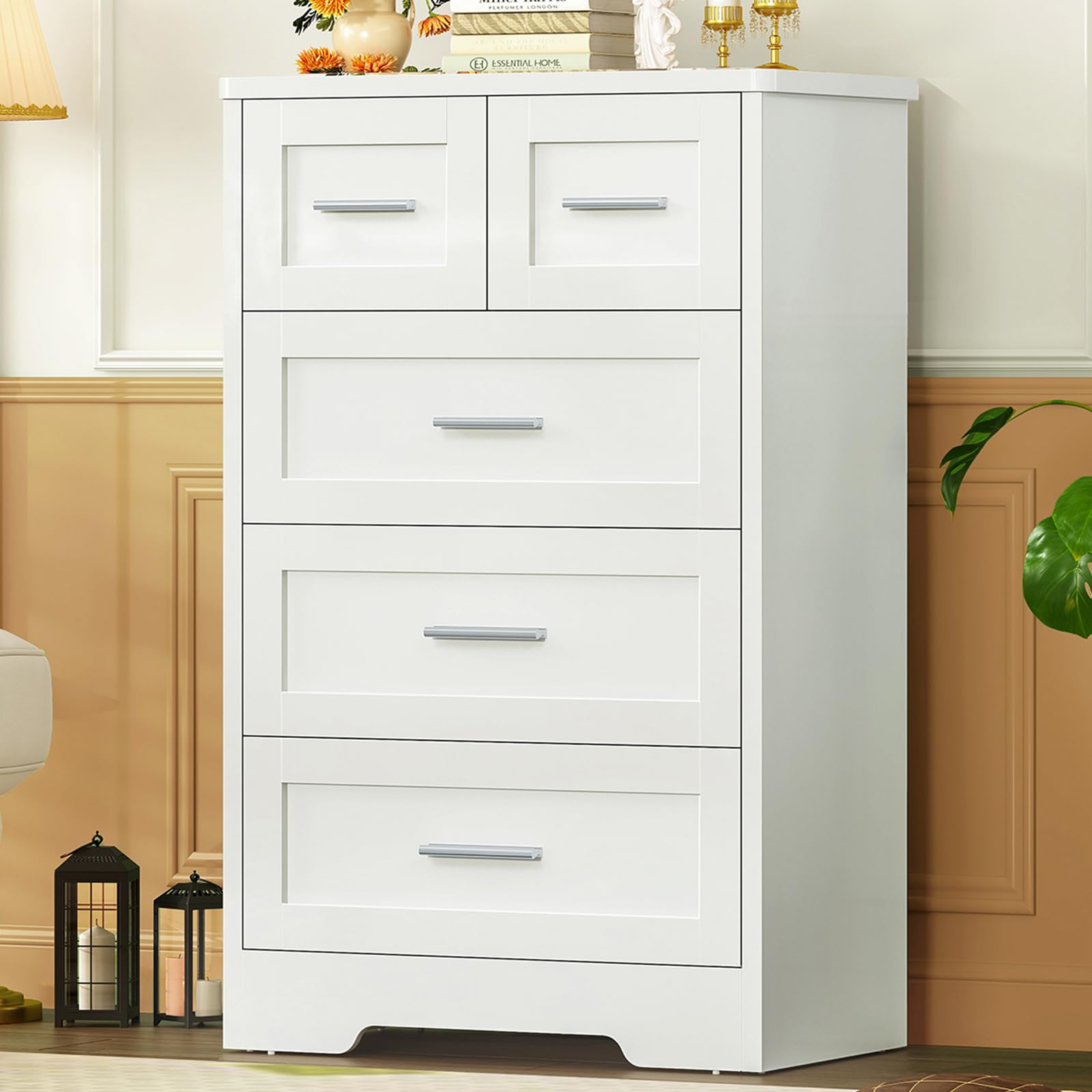TEENFON Kommode mit 5 Schubladen, Weißer Komodenschrank für Schlafzimmer - Multifunktionales Sideboard für Wohnzimmer, Esszimmer, Flur, 60 x 35 x 96.5 cm