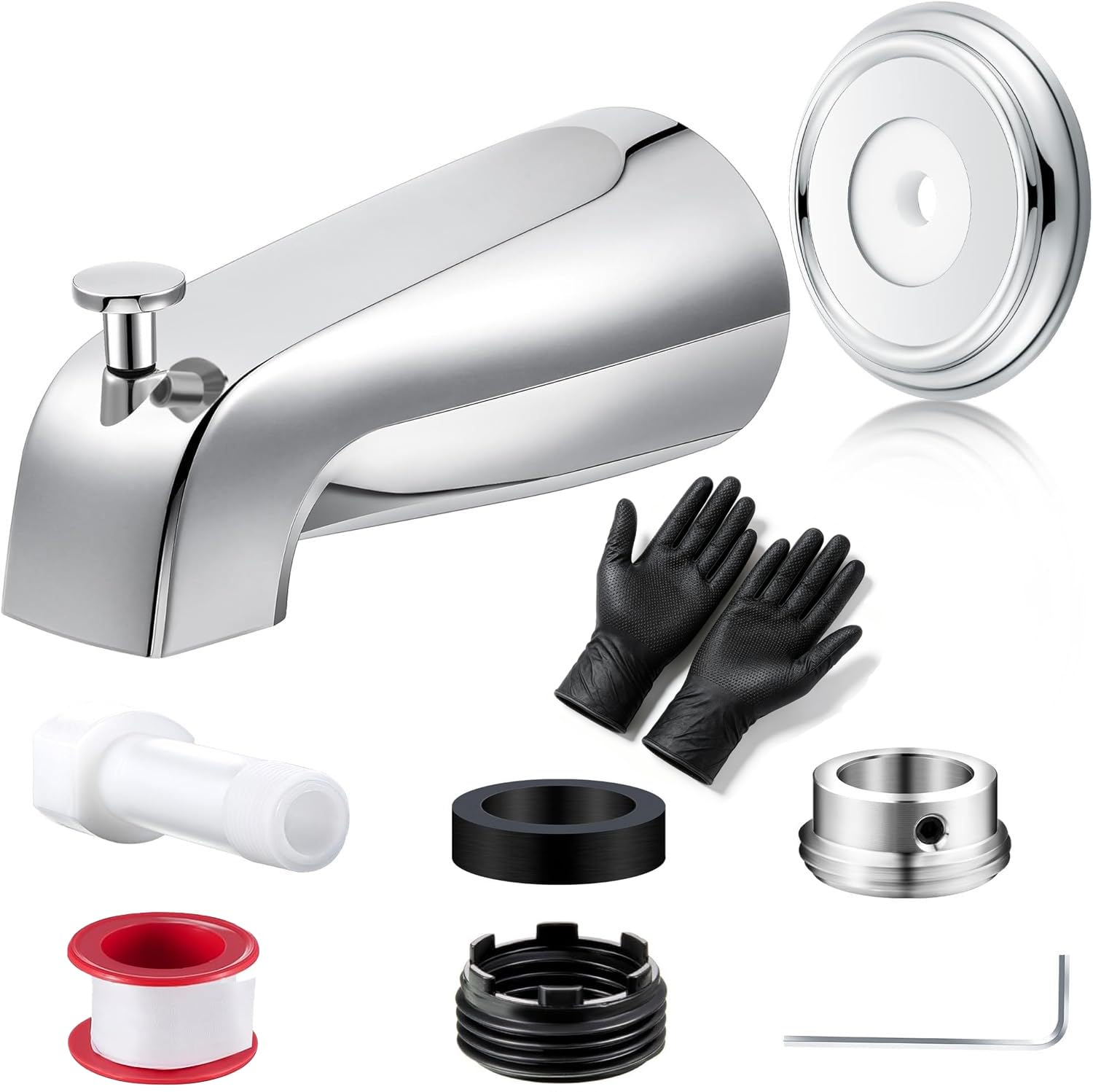 Photo 1 of VitaWeft Universal Bathtub Tub Spout w/Diverter (Chrome), 1/2" Slip-Fit Copper Pipe, 1/2" 3/4" IPS Thread, Tub Faucet Replacement Kit with Adapters, PTFE Tape, Hex Wrench & Black Gloves