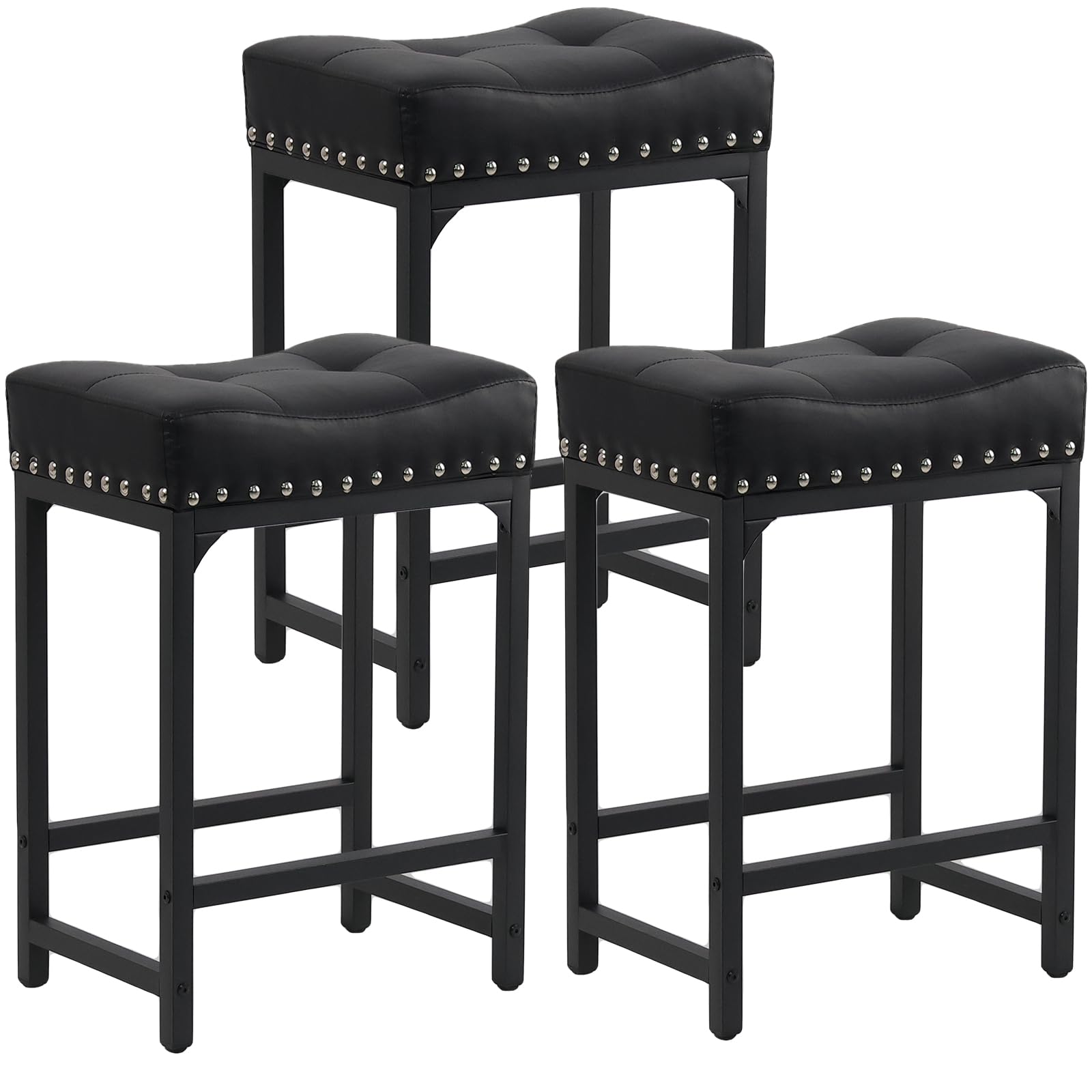 Photo 1 of FLYZC Bar Stools Set of 3, Counter Height Bar Stools for Kitchen Island, 24 Inch Black Saddle Backless Barstools, Counter Height Stools with Thick Saddle Seats & Metal Base, Black
