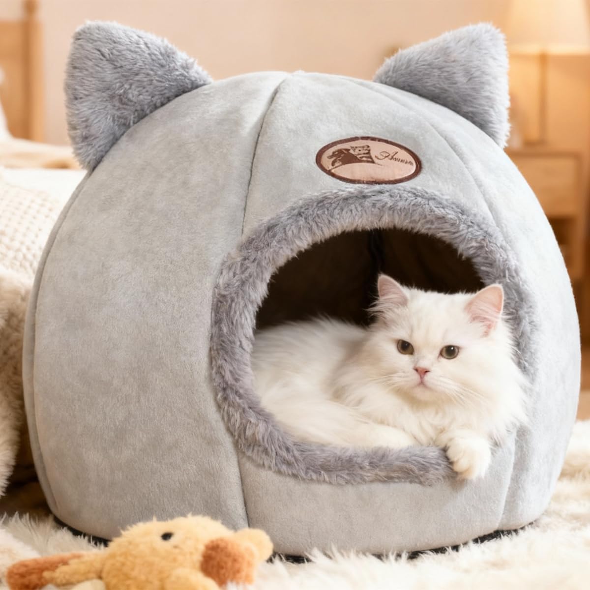 Indoor Cat Bed a Large Cat Hole Suitable for Pet Houses, Semi-Enclosed Pet Cat Dog Sleeping Tent House，Equipped With Fluffy Ball Hooks and Scratch Resistant Pads/Soft Warm Pet House Puppy Bed (L)