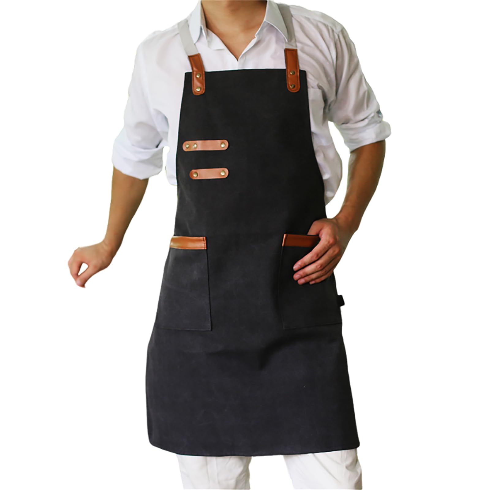 Delantal De Cocina De Lona De Algodón con Espalda Cruzada Ajustable Y Bolsillos para Cocina, Jardinería, Pintura Y Tareas del Hogar. Black,One Size