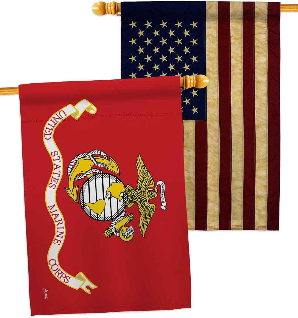 Marine Corps House Flag - Pack Armed Forces USMC Semper Fi United State American Military Veteran Retire Official USA Vintage Applique - Banner Small Garden Yard Gift Double-Sided Made In 28 X 40