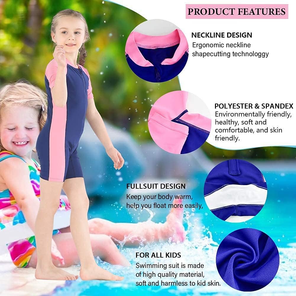 karrack Teen Girls Swimsuits One Piece Swimsuits with Chest Pads Kid Water Sport Short Swimsuit UPF 50+ Sun Protection Bathing Suits Blue-Pink