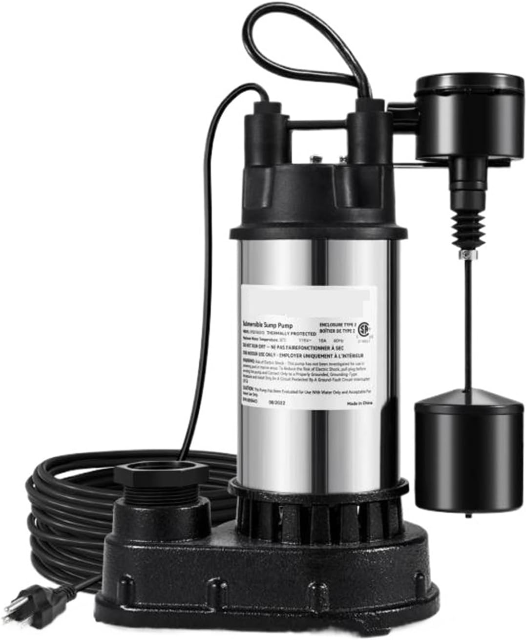 1pcs 1.5 HP Submersible Cast Iron and Steel Sump Pump 6000 GPH with Integrated Vertical Float Switch for Basement Water Basin