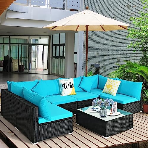 Image of DEVOKO 5 Pieces Outdoor Patio Furniture Wicker Sectional Sofa All-Weather HDPE Rattan Conversation Sets for Garden, Poolside, Porch (Turquoise Blue & Black)