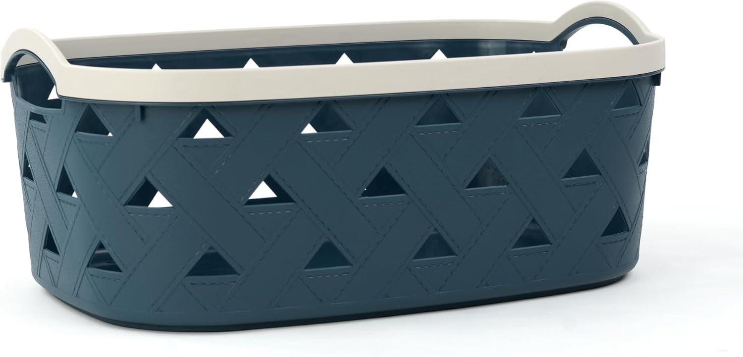 Extra-Large Plastic Storage Basket with Handles – Blue & Cream Decorative Bin for Bathroom, Living Room, or Laundry – Designer Leather Pattern Organizer Basket, 16.7L