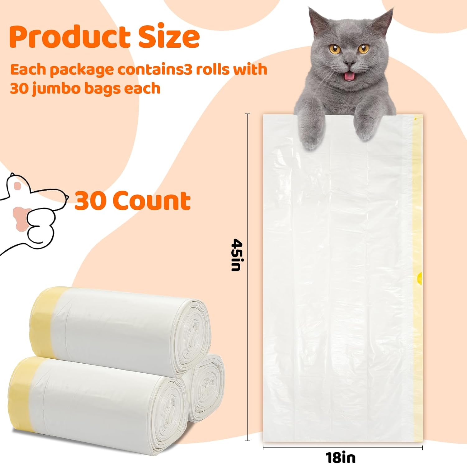 30 Count Litter Box Liners Jumbo 45" x 18" Tear Resistant Cat Litter Bags Liners 2.5MIL Thicken Drawstring Durable Cat Pan Liners Extra Large Kitty Litter Box Bag Disposable Pet litter Bags